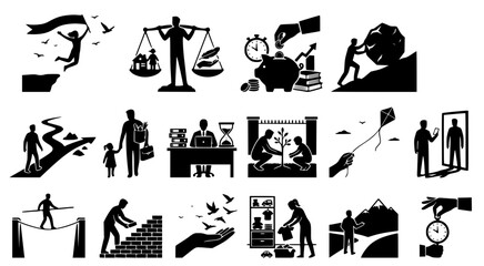 Fototapeta premium Set of black and white conceptual human lifestyle activity icons and business infographics for professional corporate presentation design elements