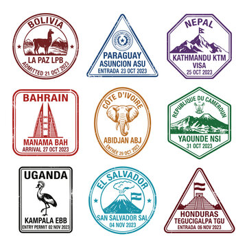 Passport stamp collection featuring Bolivia Paraguay Nepal Bahrain Cote dIvoire Cameroon Uganda El Salvador Honduras