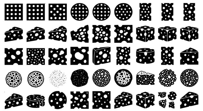 Swiss cheese holes and block texture silhouettes for food industry and restaurant branding elements