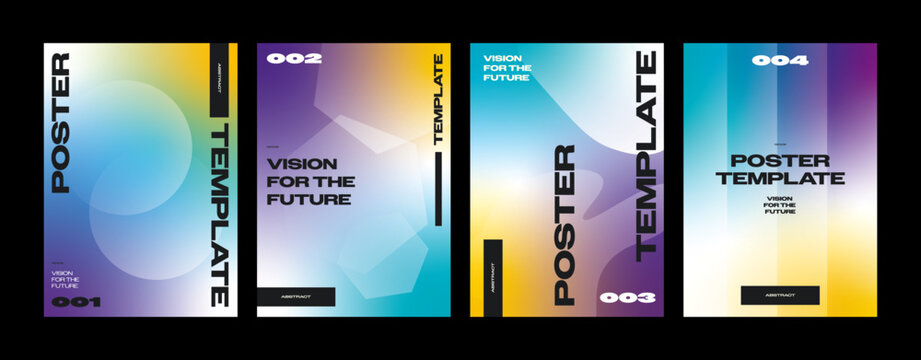 Set of 4 Modern Abstract Gradient Poster Templates with Geometric Shapes and Bold Typography, Futuristic Creative Layout Collection
