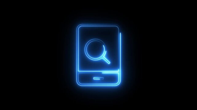 Smartphone search magnifying glass neon light sign glowing animation black background.