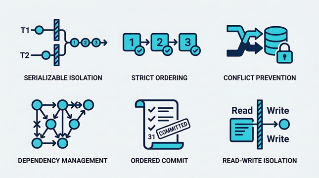Database concepts explained through various icons and text on isolation levels and transactions