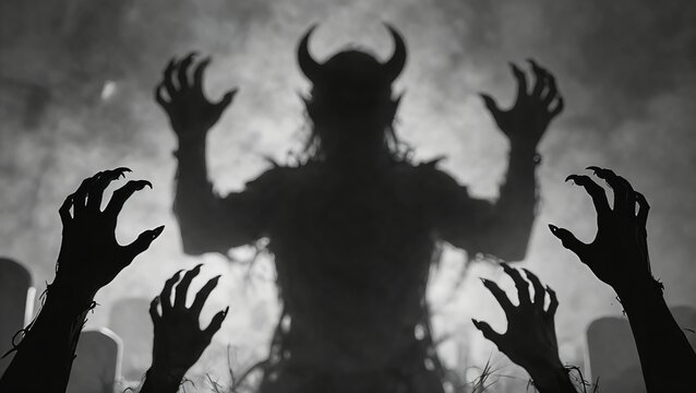 Spooky Silhouette of a Horned Monster and Creepy Hands Rising in a Foggy Graveyard at Night