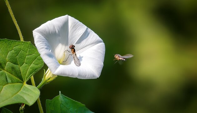 fly collecting nectar from a white bindweed flower
