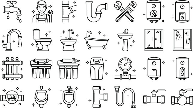Plumbing service line icon set featuring plumber water heater pipe filter faucet toilet bathtub and shower symbols