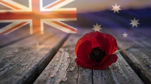 Remembrance day tribute poppy on wooden planks with australian flag