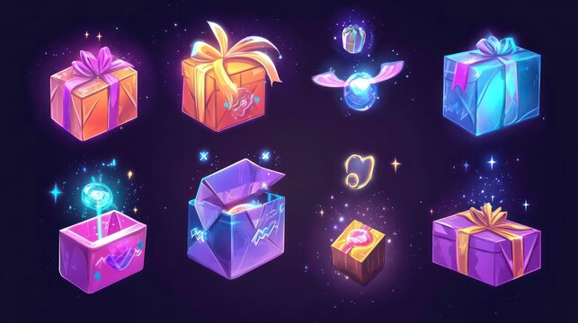 Embrace the modern concept of gift packages that open with flying caps, magic lights, and game loot icons on the inside. This cartoon modern set of surprise and reward concepts will delight your