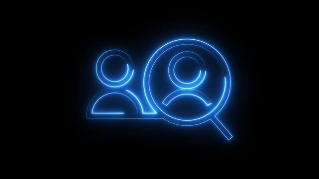 Neon blue glow of a human resource search icon illuminating on a black background.