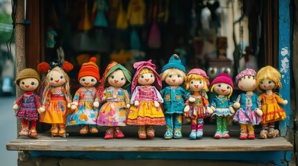 Fototapeta premium A photograph of many homemade dolls in colorful clothes at a puppet theater on a city street.