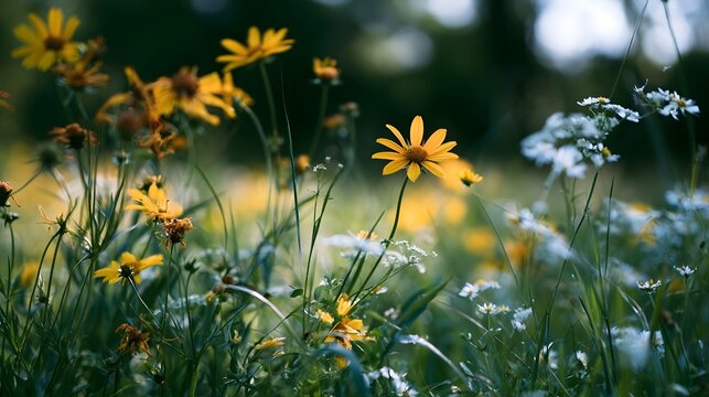 A worm s eye view captures a vibrant meadow filled with wildflowers bathed in contrasting warm sunlight and cool tones