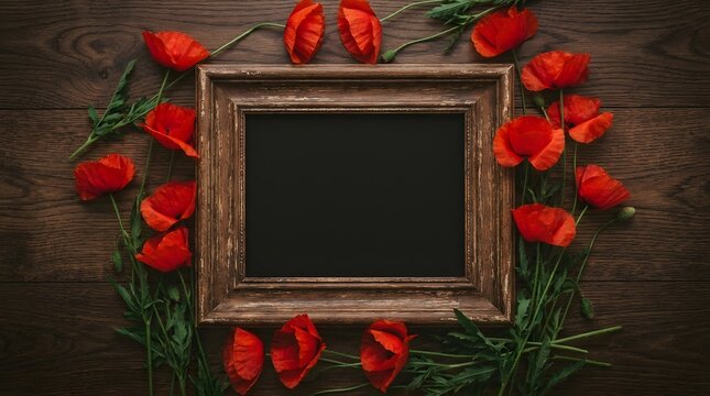 Remembrance day poppy wreath with empty frame on wood veteran's day