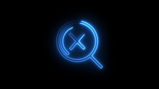 Blue neon glowing search icon with cross sign animation isolated on black background.