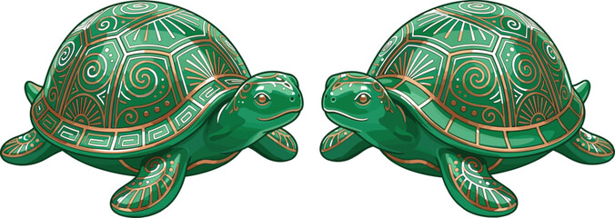 Two Ornate Jade Green Ceramic Turtle Statues with Intricate Gold Linear Swirl Patterns and Carved Shell Details Vector Illustration Isolated on White © MstGulzan