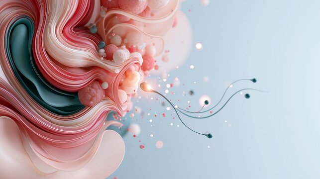 Cross-section of the female reproductive tract rendered as a medical diagram, magnetized sperm navigating a guided path toward fertilization, soft 3D anatomy, precision reproductive medicine theme.
