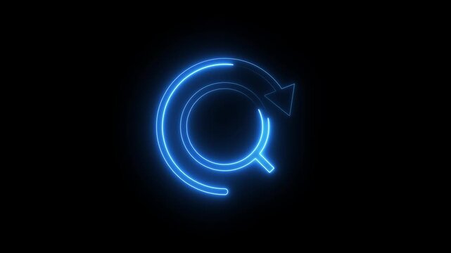 Glowing blue neon arrow rotating in circle symbol on black background video clip.