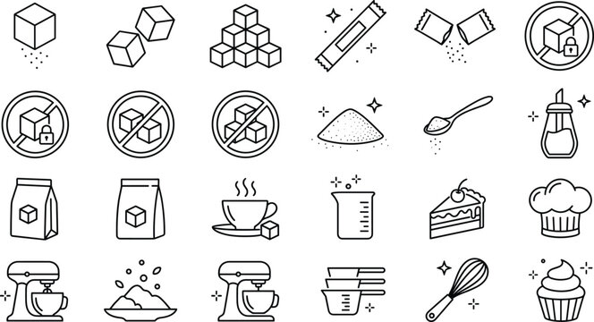 Sugar cubes and baking line icon set featuring sweet calorie sweetener packages dispenser and cake symbols