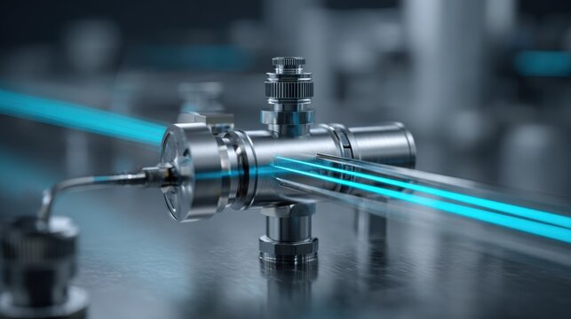 Minimalistic still-life view of oxygen flowmeter and humidification chamber with AR lines