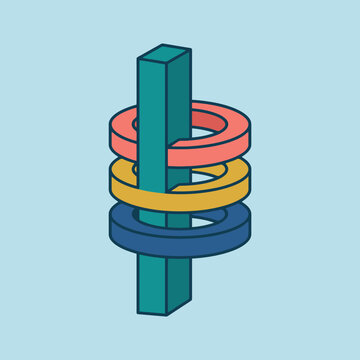 A vertical pillar intersects three colorful rings in 3D space