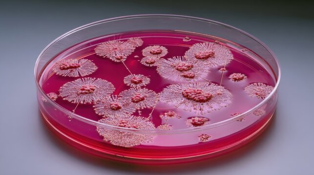 Colony morphology on blood agar plate with hemolysis rings visible in macro capture