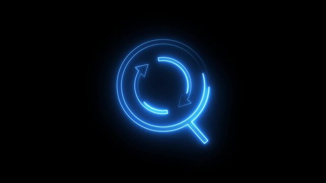 Neon blue magnifying glass with circular arrows animation on black background loop.