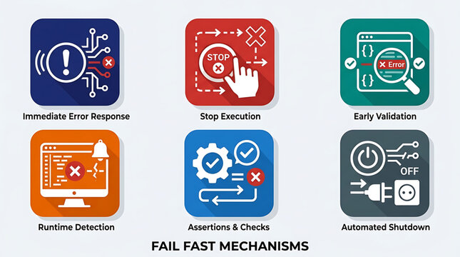 FAIL FAST MECHANISMS icons illustrate Immediate Error Response, Stop Execution, Early Validation, Runtime Detection, Assertions & Checks, Automated Shutdown