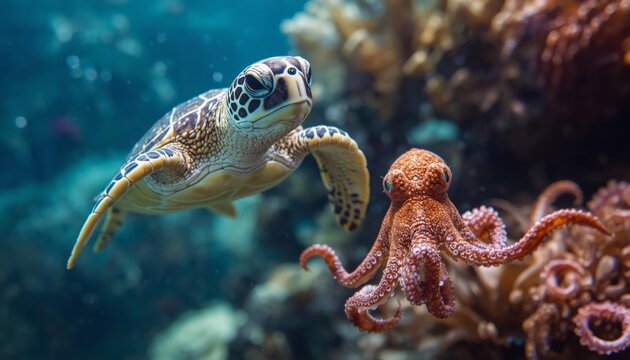There is a turtle and an octopus swimming together in the ocean