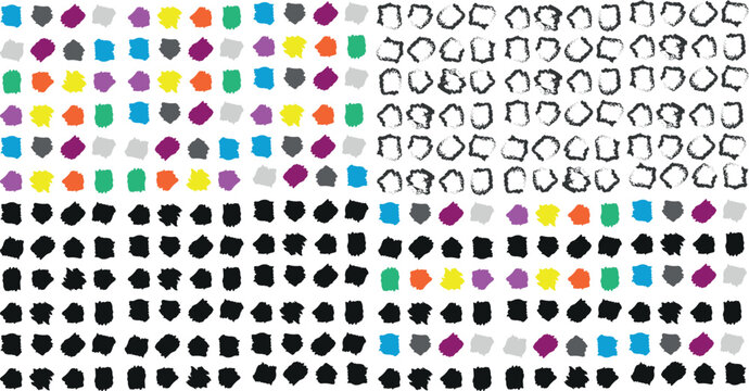 A massive collection of paint dab shapes including colorful and solid black variations arranged in a grid pattern perfect for decorative textures and artistic layouts.