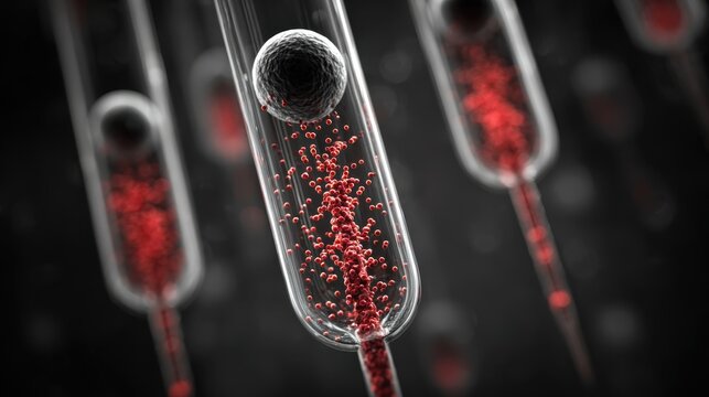 Macro view of drip chamber with AR particles flowing in tubing for immune modulation study