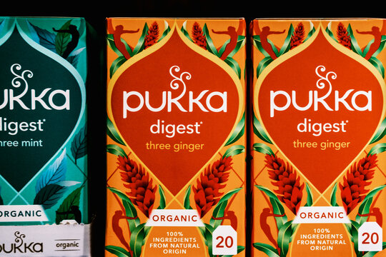Display of Cartons of Refreshing Pukka Flavoured Tea Bags With No People