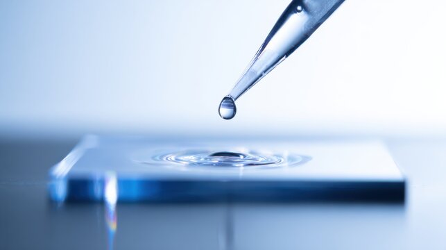 Pipette delivers fixative droplet onto biopsy sample on slide in clean lab setting