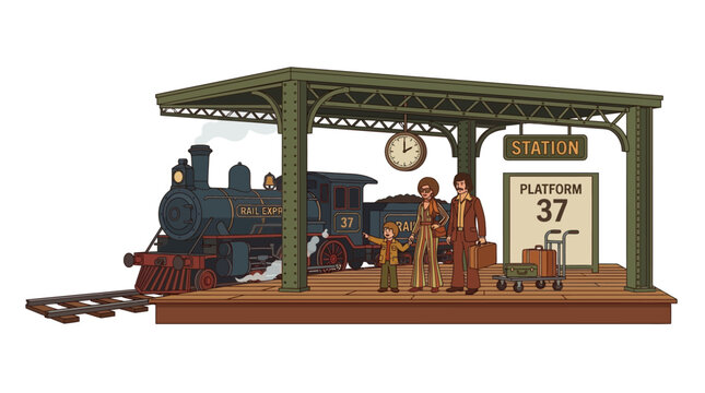 Retro Family at Vintage Train Station Platform Waiting for Train