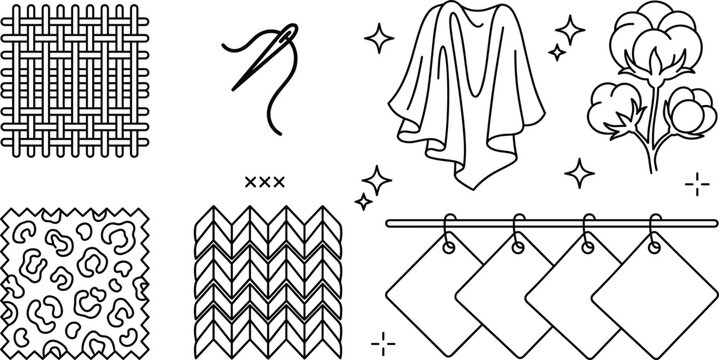 Fabric textile material and sewing needle line icon set featuring cotton plant structure and pattern swatches symbols