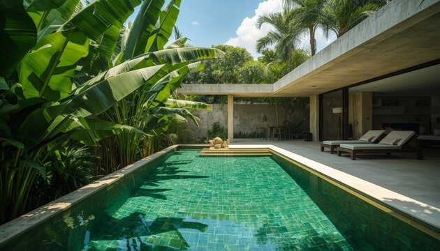 There is a pool in the middle of a house surrounded by palm trees