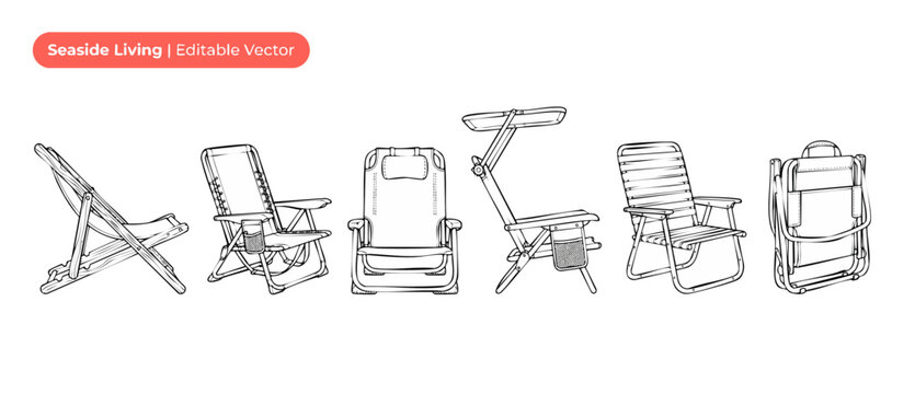 Beach chair vector line art set of folding deck chairs, portable lounge furniture icons for camping and summer vacation, minimal outdoor seaside seating outline illustrations on white background.