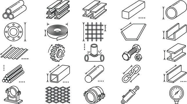 Metal profiles and steel construction line icon set featuring pipes beams sheets bolts and hardware symbols
