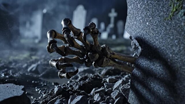 Skeletal hand bursting from a cracking gravestone at night. Undead creature rising from a grave in a foggy cemetery. Horror and Halloween concept