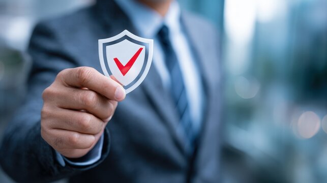 Businessman holding a shield with a red checkmark for security and protection