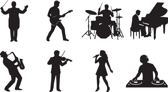 Collection of diverse musician and performer silhouettes featuring instrumentalists, singers, and DJs for live concert entertainment
