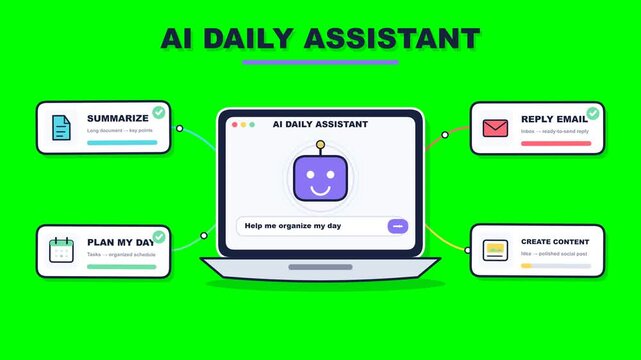 An AI daily assistant laptop animation on a green screen processing productivity tasks with green checkmarks to conceptualize smart automated workflow optimization solutions.