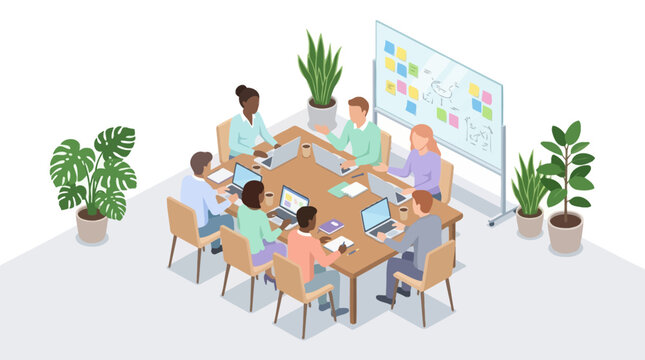 Diverse team of office workers collaborating in an isometric meeting