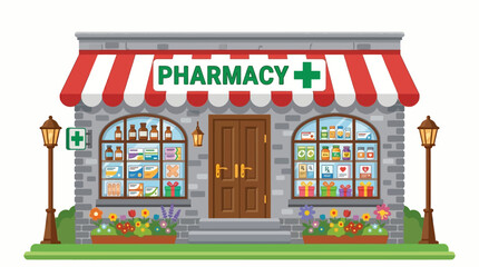 Naklejka premium Colorful pharmacy storefront with red and white awning and flower boxes