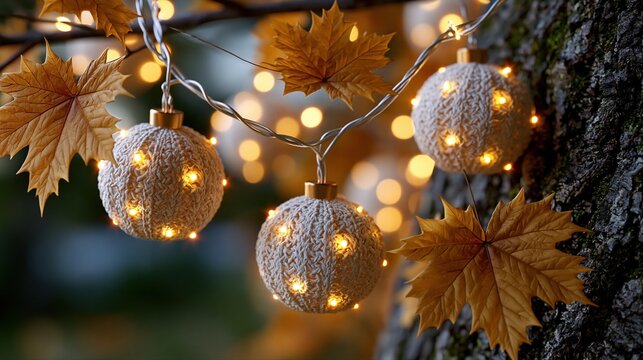 Cozy autumn string lights with knitted baubles and fall leaves on a tree trunk