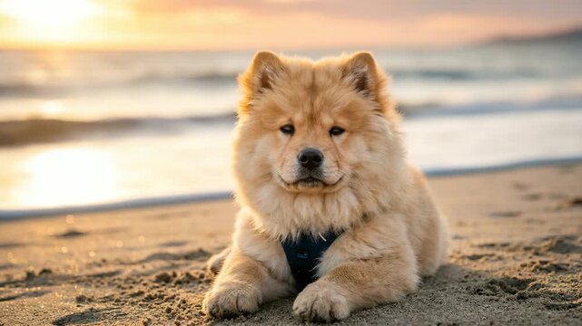 chow pom dog on cannon beach oregon golden light close up video