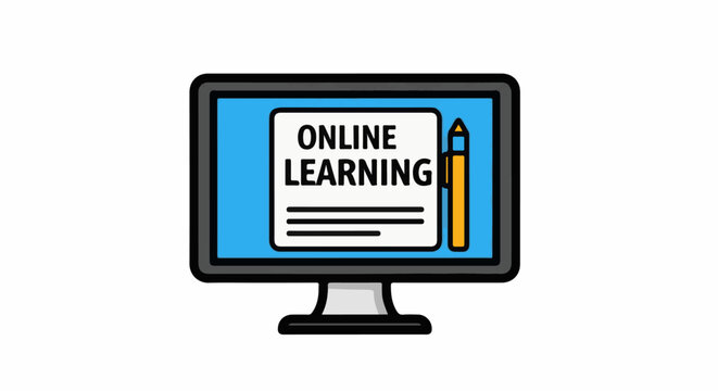 A computer monitor displays an online learning webpage with a pencil
