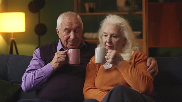 Relaxed senior couple talking while drinking tea, enjoying quality time together