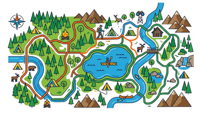 Fototapeta premium Aerial Nature Trail Map with Scenic Outdoor Objects and Adventure Symbols Brightline Vector