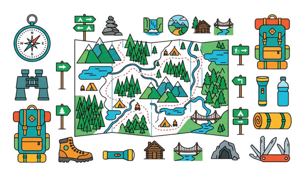 Nature Trail Map with Hiking Landmarks and Outdoor Navigation Objects Bright Line Vector Illustration
