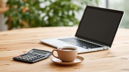 Fototapeta premium Modern desk with a laptop, calculator, and a cup of coffee in a bright setting