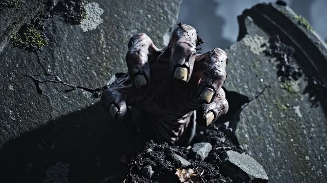 Zombie hand bursting through a cracked gravestone. Horror scene of the undead rising from a grave. Halloween and scary concept