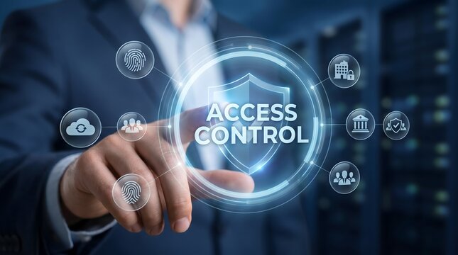 Businessman Pointing at Floating Screen Selecting Access Control Protection Capability